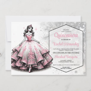 Rosa & Silber Quinceañera Mädchen Einladung