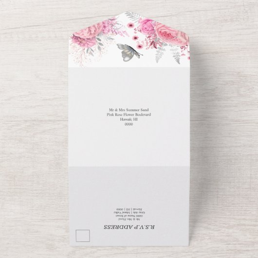 Rosa silber Rose Glattleder-Luxus All In One Einladung (Außenbereich)