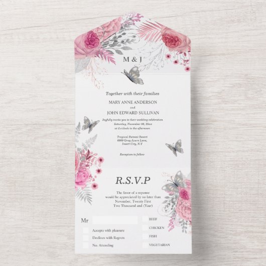 Rosa silber Rose Glattleder-Luxus All In One Einladung (Innen)