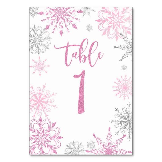 Rosa Silber Schneeflocken Babydusche Eine Tischnummer (Vorderseite)