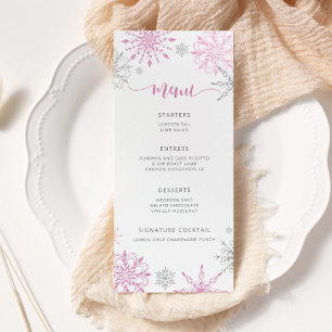 Rosa Silber Schneeflocken elegante Babydusche Menükarte