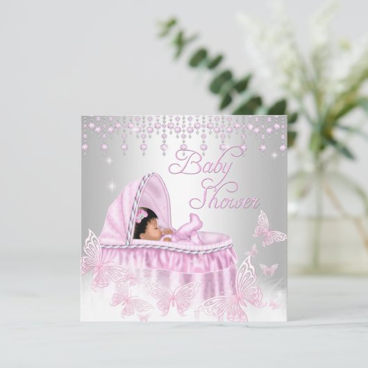 Rosa Silber Sparkle Butterfly Babydusche Ethnisch Einladung (Stehend Vorderseite)