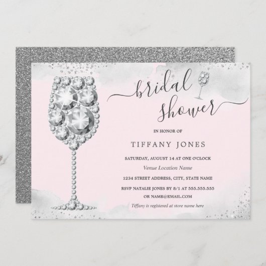 Rosa Silber Sparkle Diamond Bubbly Brautparty Einladung (Vorne/Hinten)