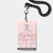 Rosa Silber Sparkle Dress Sweet 16 VIP Pass Ausweis (Vorderseite mit Lanyard)