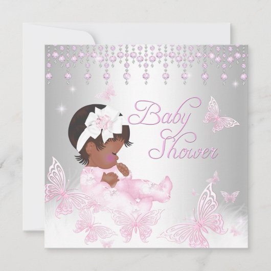 Rosa Silber Sprinkle Butterfly Babydusche Ethnisch Einladung (Vorderseite)
