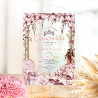 Rosa Silber-Tiara-Blumen-Quinceañera Acryleinladungen