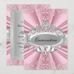 Rosa/Silber-Tiara und Damast-Quinceanera-15.-Party Einladung