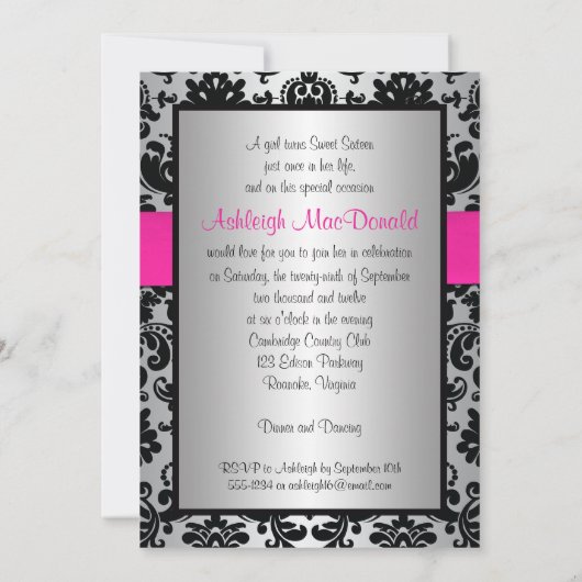 Rosa, Silber und schwarze Einladung des (Rückseite)