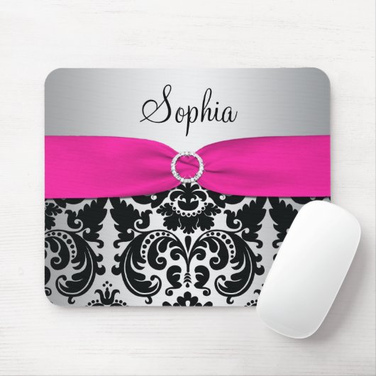 Rosa, Silber und schwarzer Damast Mousepad (Mit Mouse)