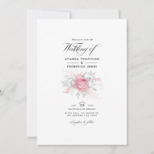 Rosa, Silber- und Weiße Blumige Hochzeit Einladung