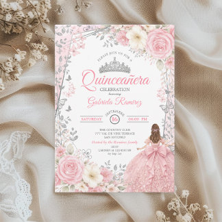 Rosa Silber Wasserfarben Rosen Quinceañera Einladung