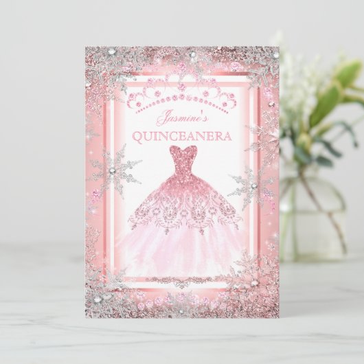 Rosa Silber Winter Wonderland Quinceanera Party 2 Einladung (Stehend Vorderseite)