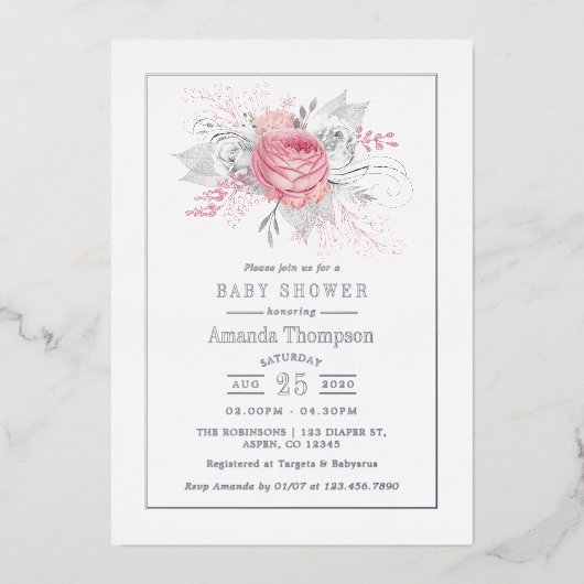 Rosa, Silberblume und weiße Blütendusche Folieneinladung (Vorderseite)