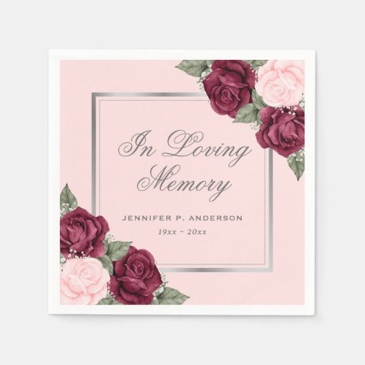 Rosa Silberfarben Wasserfarbenflorale Beerdigung Serviette (Vorderseite)