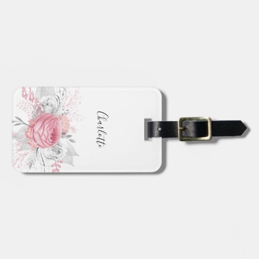 Rosa, silberfarbenes Blattsilber Gepäckanhänger (Vorderseite horizontal)