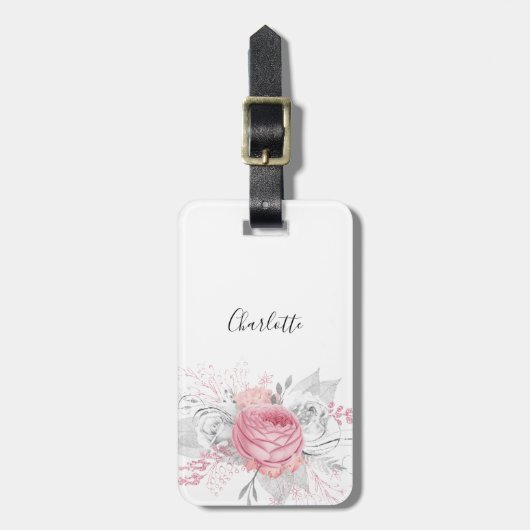 Rosa, silberfarbenes Blattsilber Gepäckanhänger (Vorderseite vertikal)