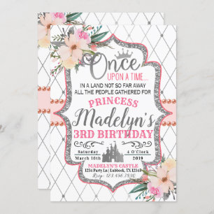 Rosa silberne Blumenprinzessin Birthday Invitation Einladung