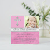 Rosa, Silberne Erste Heilige Kommunion Foto Einlad Einladung (Stehend Vorderseite)
