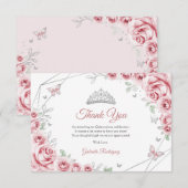 Rosa silberne Floral Quinceanera Dankeskarte (Vorne/Hinten)