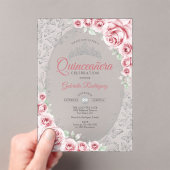 Rosa silberne florale Quinceanera Acryleinladungen (Insitu (Handheld))