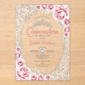 Rosa silberne florale Quinceanera Acryleinladungen (Vorderseite)