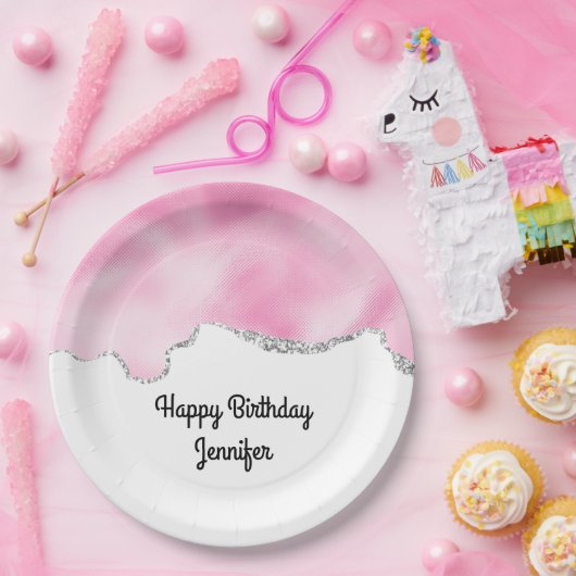 Rosa & Silberne Imitate Glitzer Border Stilvoll Ge Pappteller (Party)