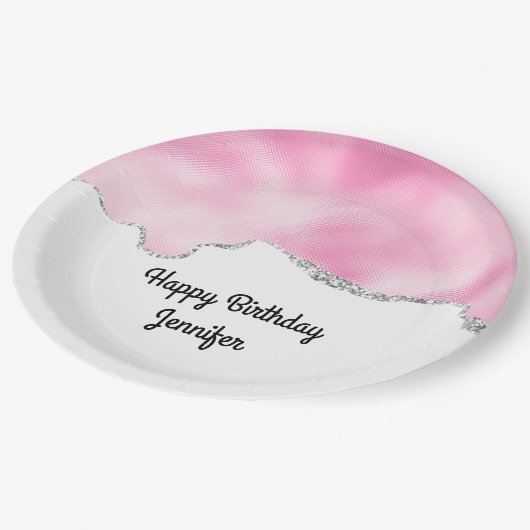 Rosa & Silberne Imitate Glitzer Border Stilvoll Ge Pappteller (Schrägansicht)