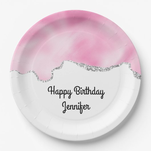 Rosa & Silberne Imitate Glitzer Border Stilvoll Ge Pappteller (Vorderseite)