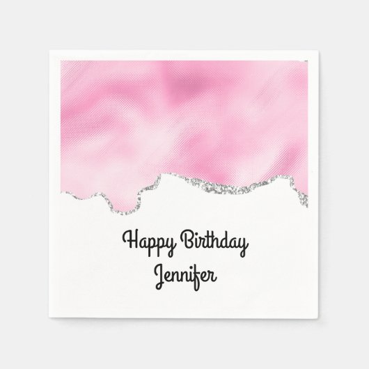 Rosa & Silberne Imitate Glitzer Border Stilvoll Ge Serviette (Vorderseite)