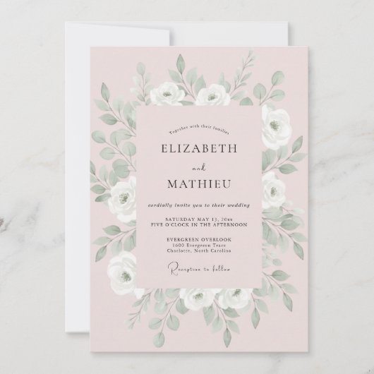 Rosa-silberne Pfingstrosen-Hochzeit Einladung (Vorderseite)