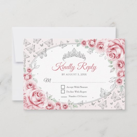 Rosa silberne Quinceanera-Antwort RSVP Karte (Vorderseite)