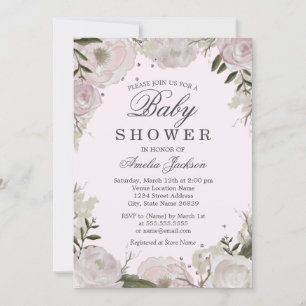Rosa silberne Rose Florale Babyparty Einladung