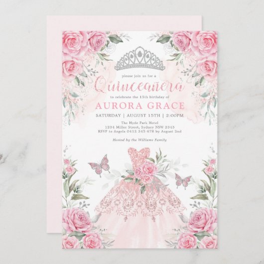 Rosa Silberne Rose Princess Crown Quinceañera Einladung (Vorne/Hinten)