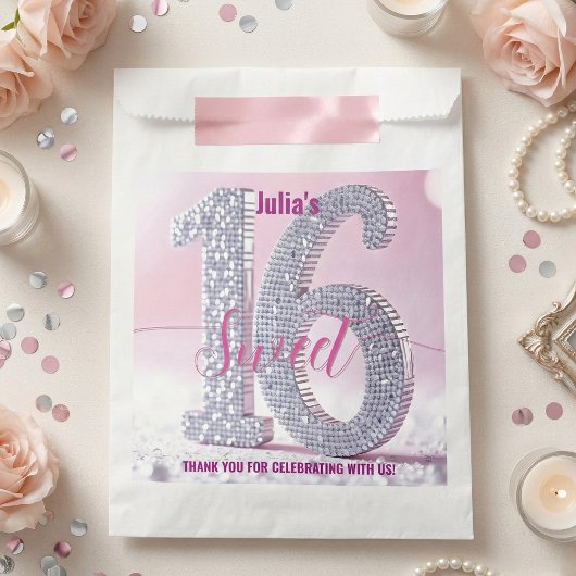 Rosa silberner falscher Glitter-Diamant Sweet 16 Geschenktütchen