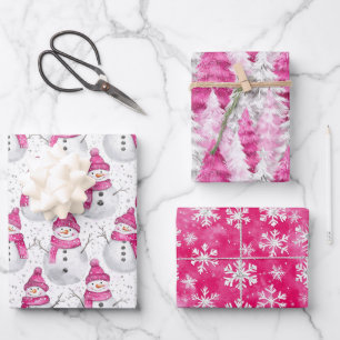 Rosa silberner Glamour-Schneeflocken Weihnachtsbau Geschenkpapier Set
