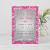 Rosa, Silberner Glitzer Damask Brautparty Einladun Einladung (Stehend Vorderseite)