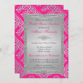 Rosa, Silberner Glitzer Damask Brautparty Einladun Einladung (Vorne/Hinten)