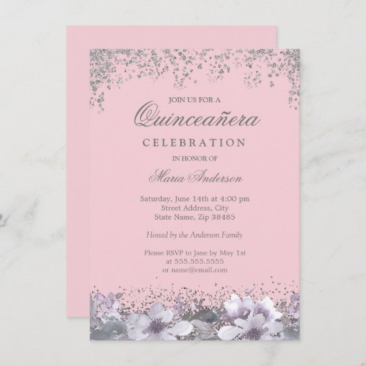 Rosa Silberner Glitzer Lila Blume Quinceanera Einladung (Vorne/Hinten)