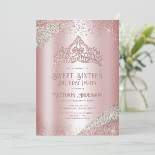 Rosa Silberner Glitzer Prinzessin Tiara Sweet 16 Einladung (Stehend Vorderseite)