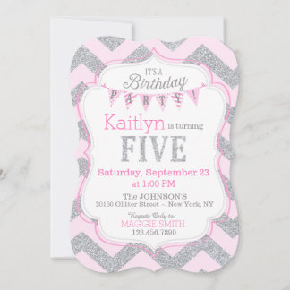Rosa silberner Glitzer-Schein-fünfter Geburtstag Einladung