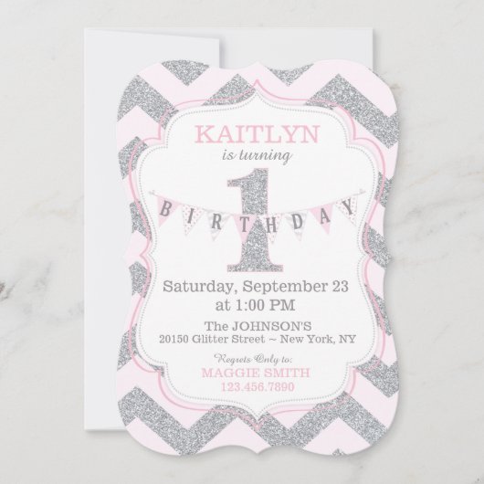 Rosa Silberner Glitzer Sparkle Erster Geburtstag E Einladung (Vorderseite)