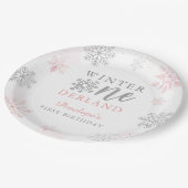 Rosa Silberner Glitzer Winter Onederland 1. Geburt Pappteller (Schrägansicht)