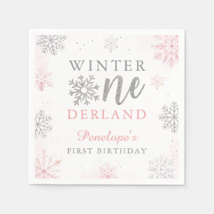 Rosa Silberner Glitzer Winter Onederland 1. Geburt Serviette