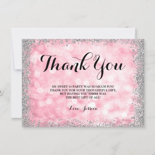 Rosa silberner Imitat-Glitzer beleuchtet Bonbon 16 Dankeskarte (Vorderseite)