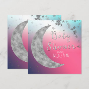 Rosa silberner Mond und Sterne Babyshower Einladun Einladung