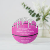 Rosa Silberner Tropfen Girls Basketball Einladung (Stehend Vorderseite)