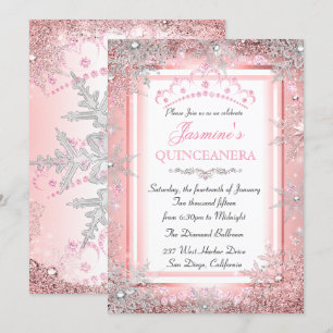 Rosa silberner Winter-Wunderland-Quinceanera-Party Einladung
