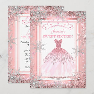 Rosa silberner Winter-Wunderland Sweet 16 Geburtst Einladung