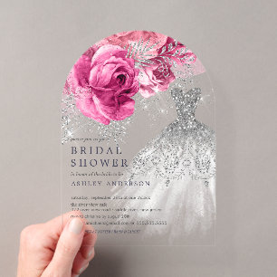 Rosa & silbernes Blumenhochzeitskleid Brautparty Acryleinladungen