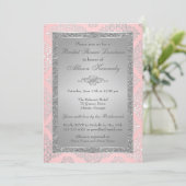 Rosa, silbernes Glitzer-Damast-Brautparty laden Einladung (Stehend Vorderseite)
